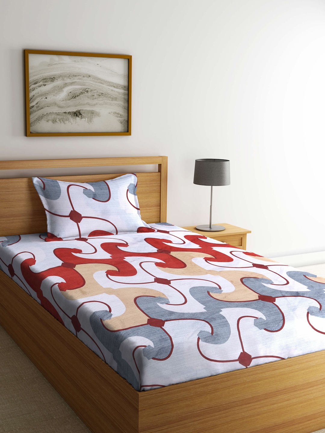 

KLOTTHE White & Red 300 TC Fitted Single Bedsheet with 1 Pillow Cover