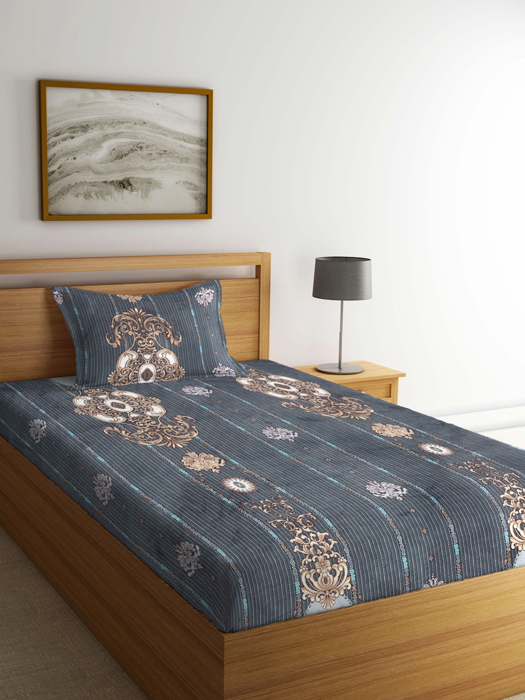 

KLOTTHE Grey & Brown Ethnic Motifs 300 TC Fitted Single Bedsheet with 1 Pillow Cover