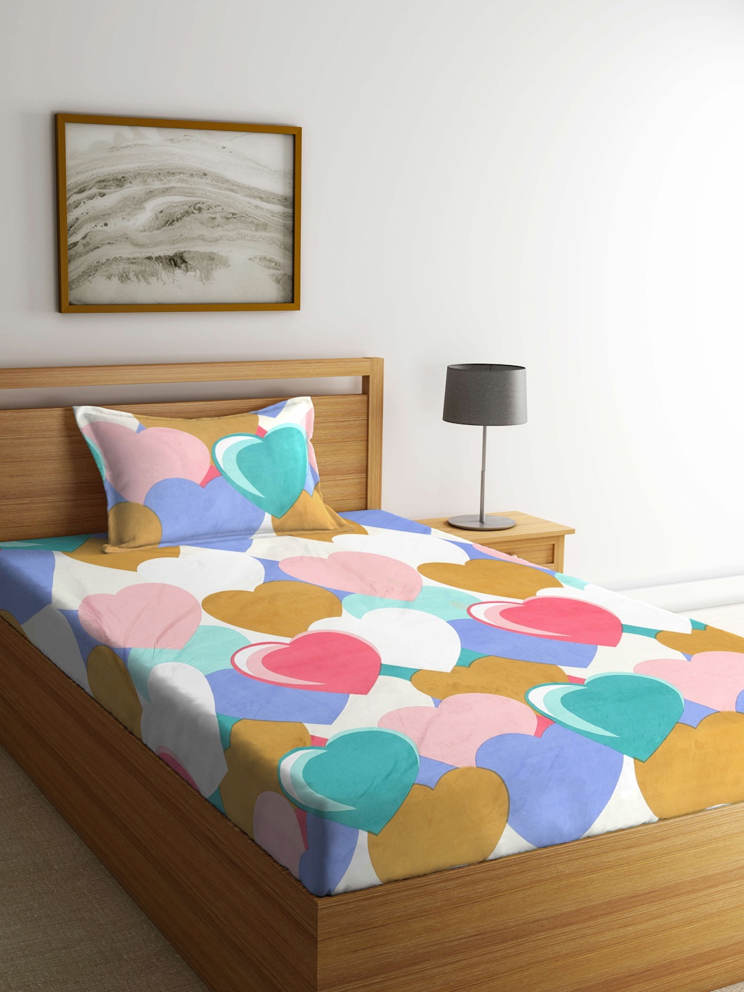 

KLOTTHE White & Pink Geometric 300 TC Fitted Single Bedsheet with 1 Pillow Cover