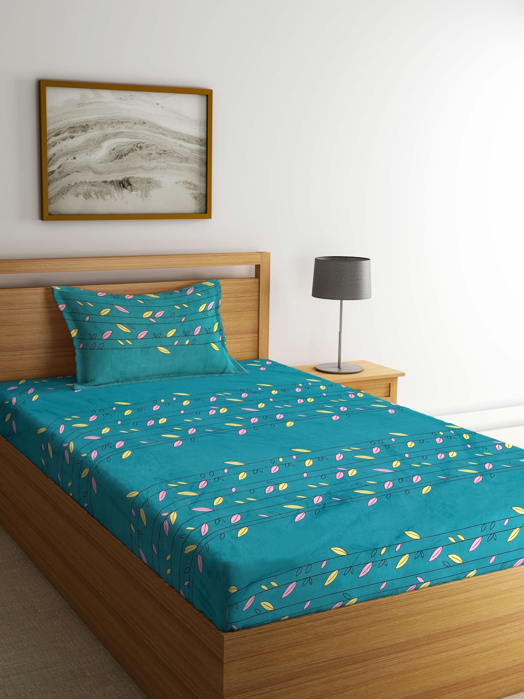 

KLOTTHE Teal & Yellow Floral 300 TC Fitted Single Bedsheet with 1 Pillow Cover