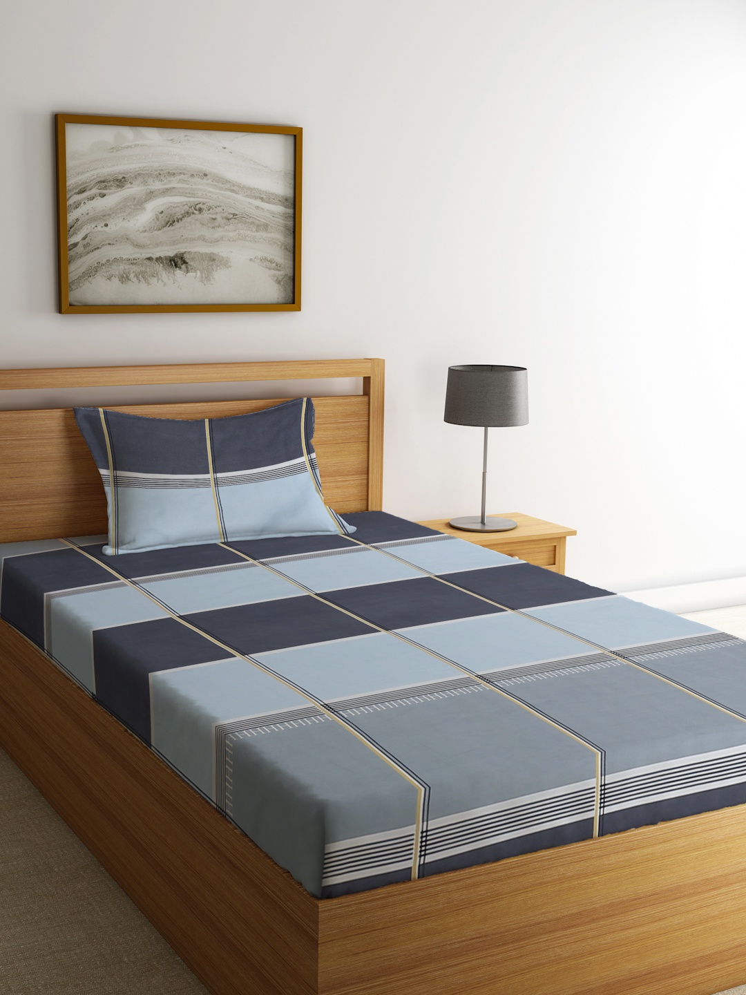

KLOTTHE Blue & Grey Melange Geometric 300 TC Fitted Single Bedsheet with 1 Pillow Cover