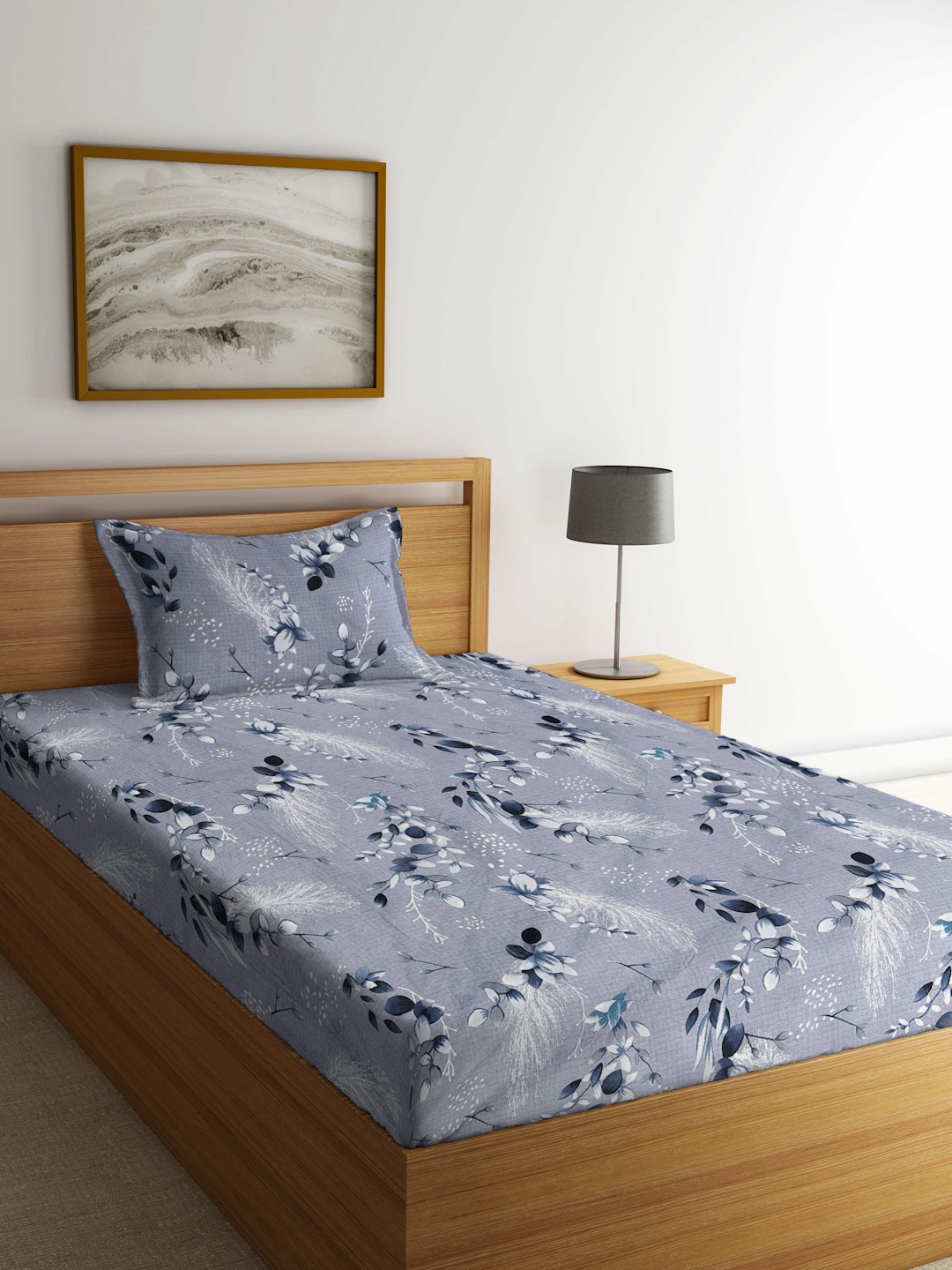 

KLOTTHE Blue & White Floral 300 TC Fitted Single Bedsheet with 1 Pillow Cover