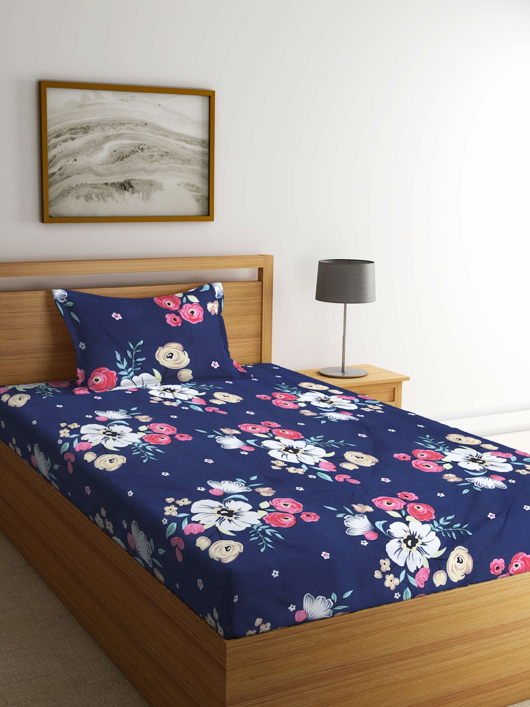 

KLOTTHE Blue & Pink Floral 300 TC Fitted Single Bedsheet with 1 Pillow Cover