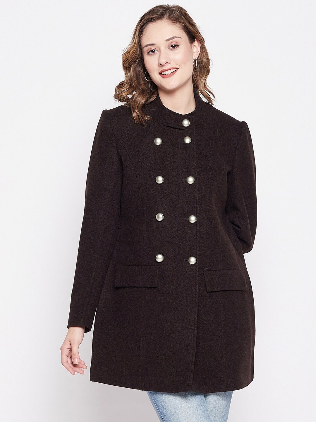 

Okane Women Tweed Double Breasted Longline Overcoat, Brown
