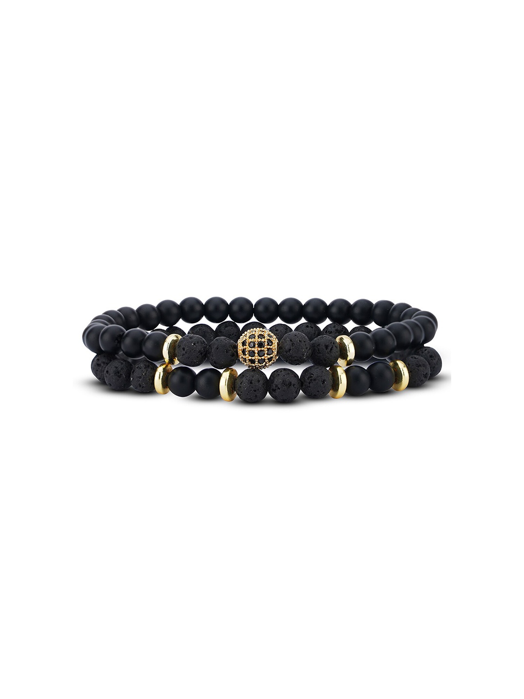 

TOFFCRAFT Men Pack Of 2 Gold-Plated Beaded Bracelet, Black