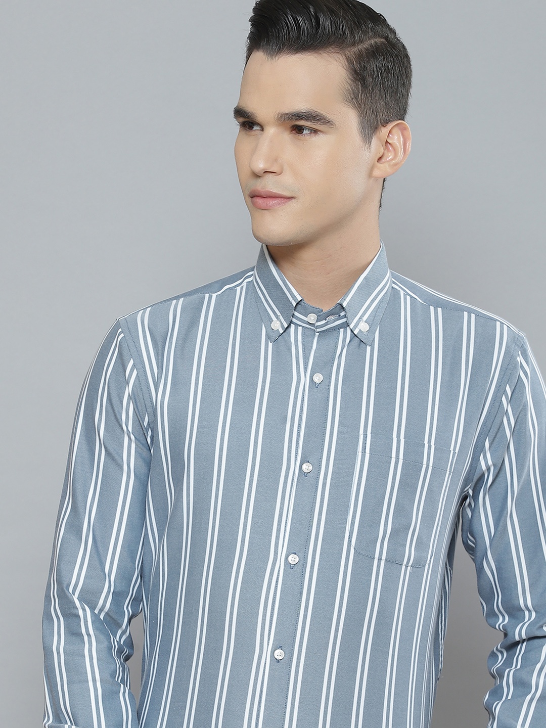 

DENNISON Men Smart Striped Cotton Formal Shirt, Turquoise blue