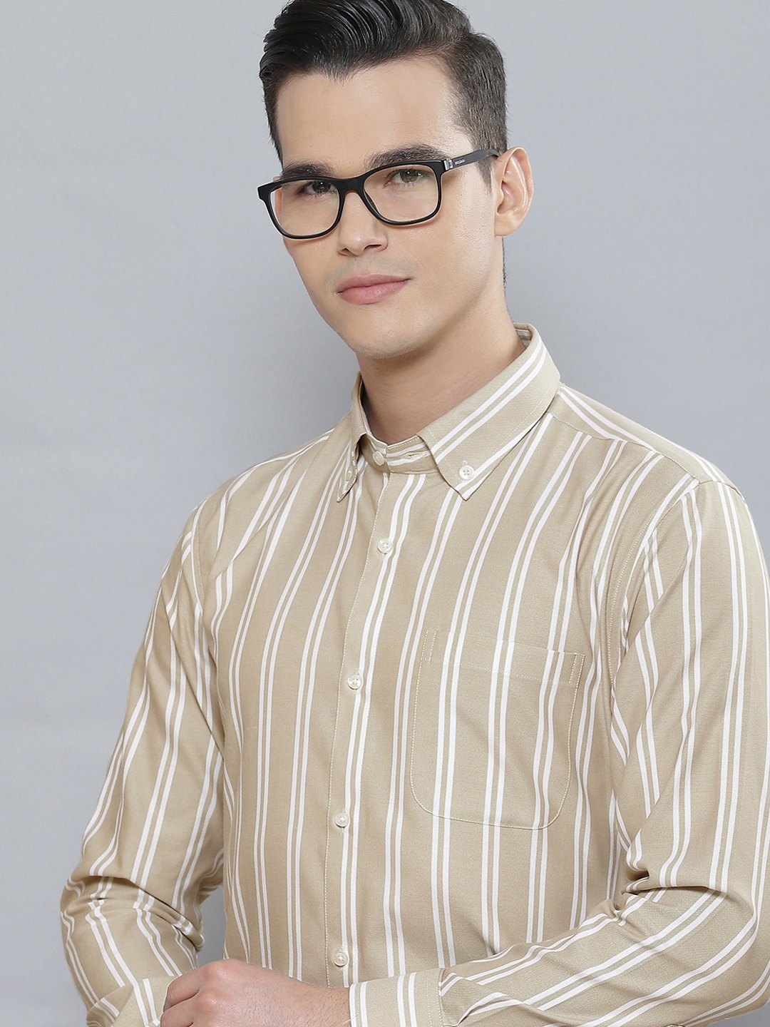 

DENNISON Men Smart Striped Cotton Formal Shirt, Beige
