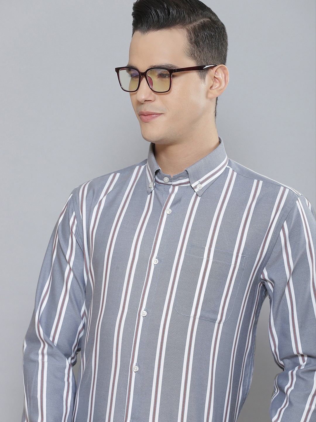 

DENNISON Men Smart Striped Cotton Formal Shirt, Grey