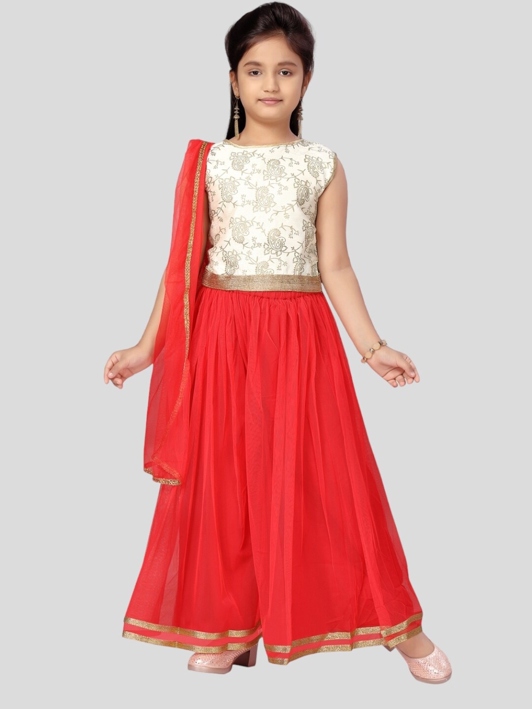 

Aarika Girls Embroidered Thread Work Lehenga Choli & Dupatta, Cream