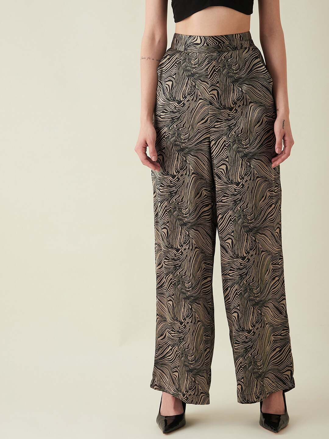 

JUNE & HARRY Women Animal Printed Smart Straight Fit High-Rise Parallel Trousers, Olive