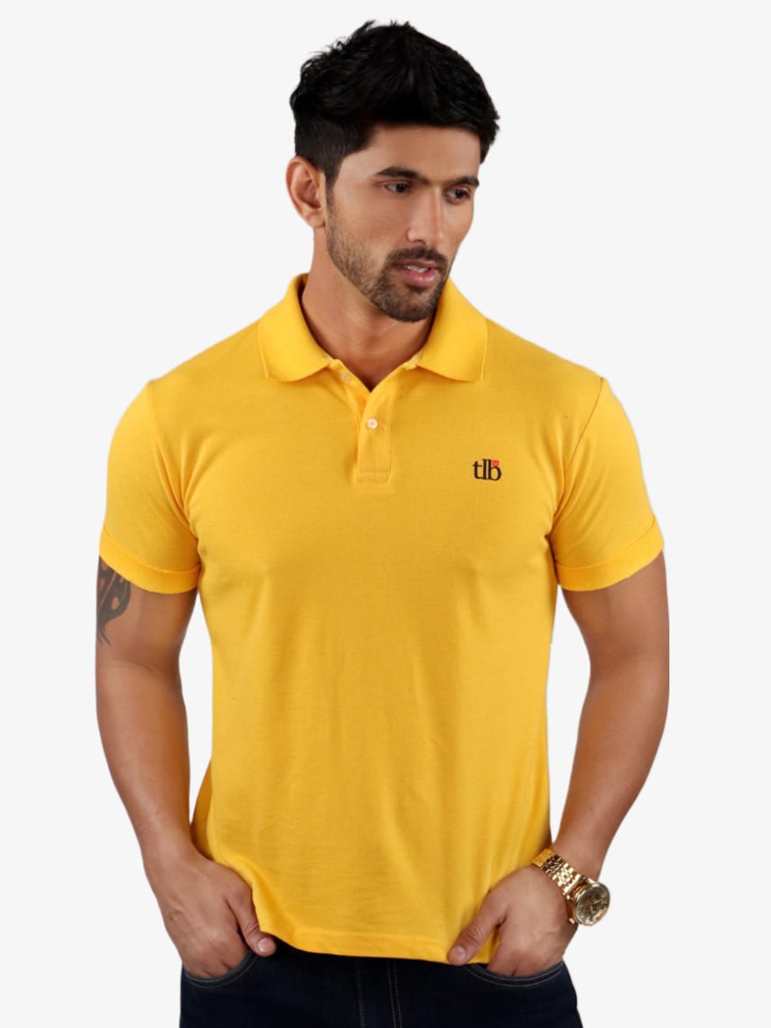 

The Label Bar Men Polo Collar Cotton T-shirt, Yellow