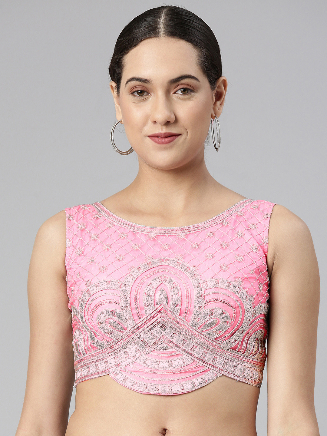 

flaher Women Embroidered Net Padded Saree Blouse, Pink