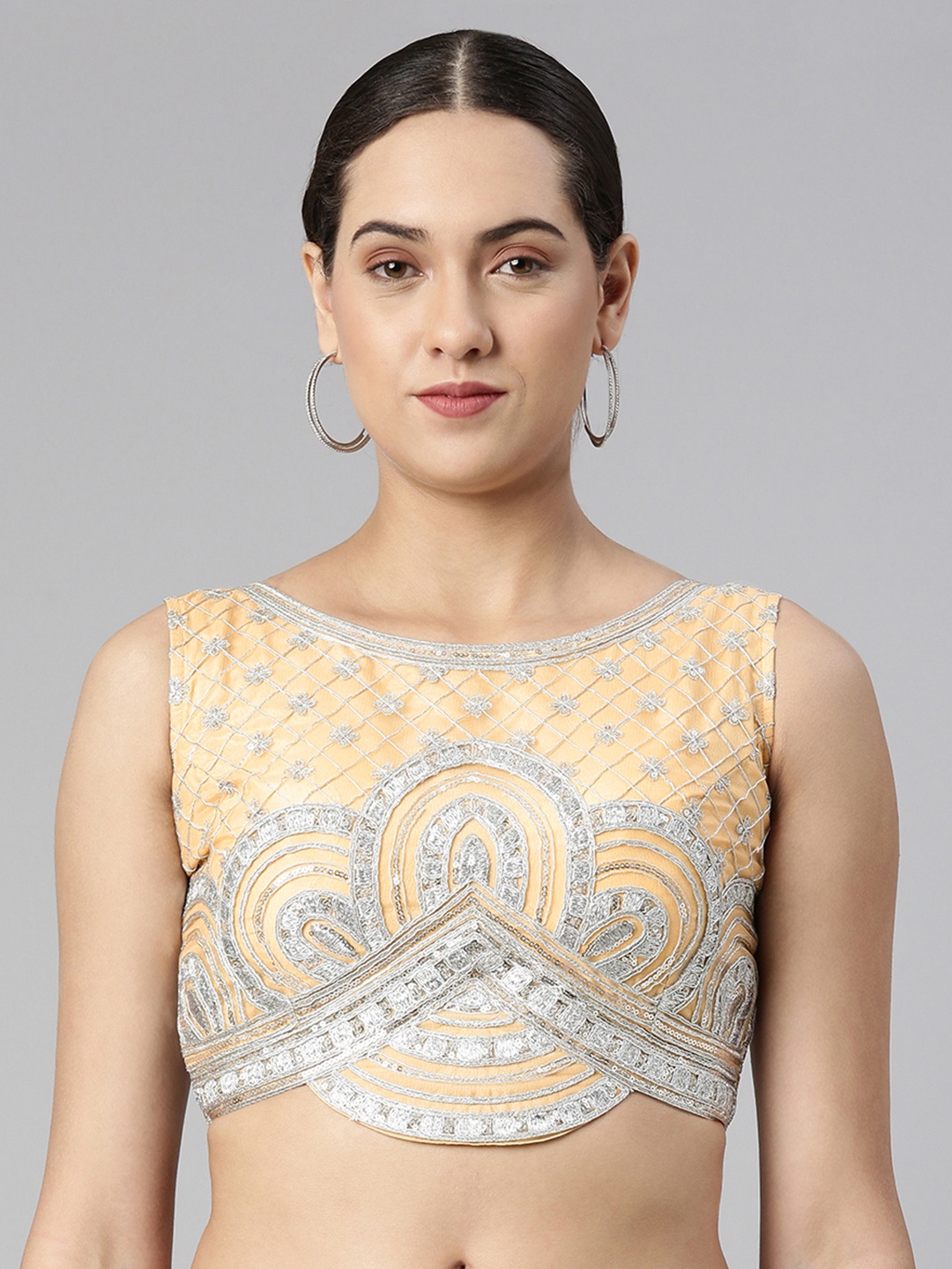 

flaher Women Embroidered Net Padded Saree Blouse, Beige
