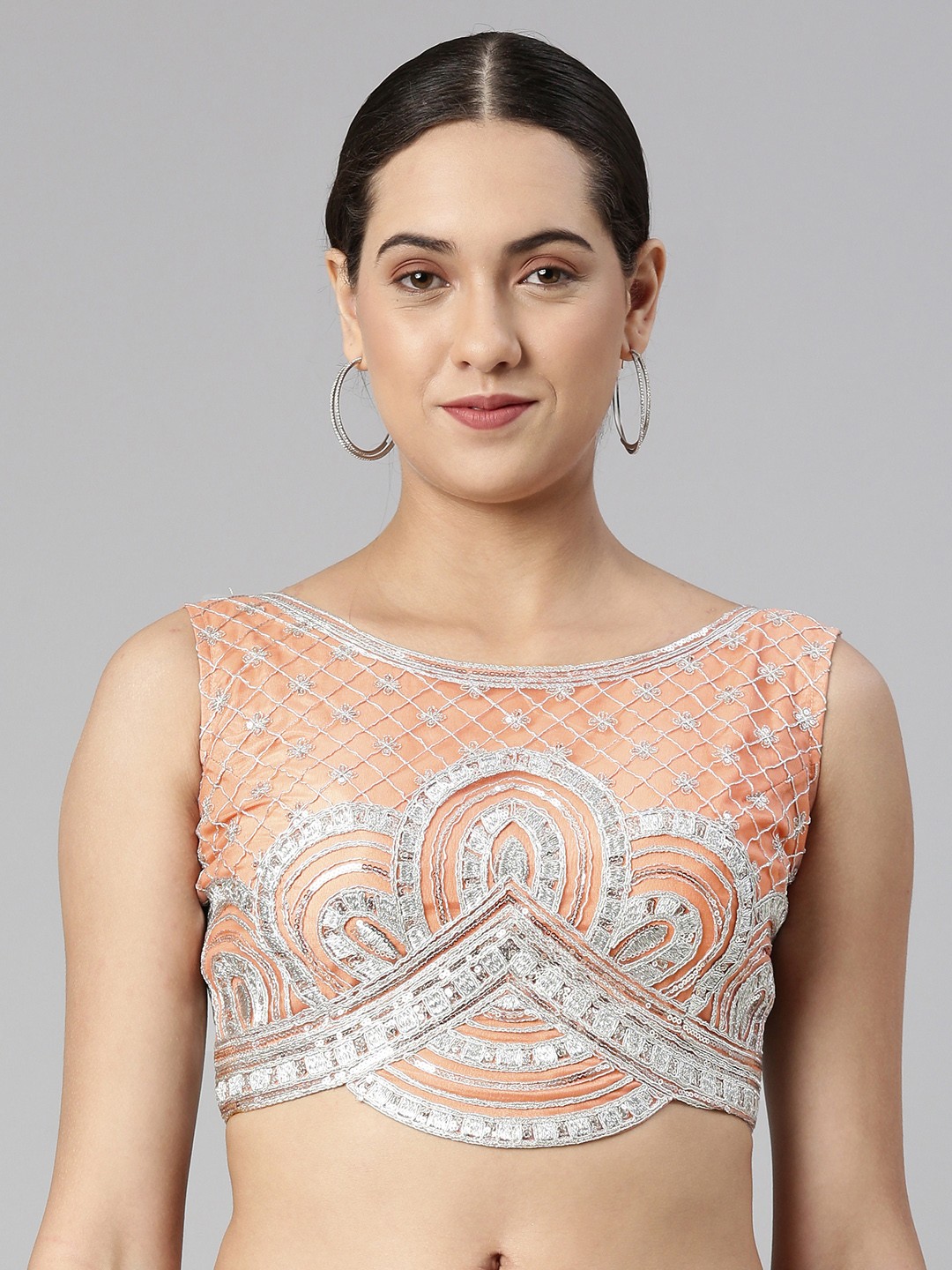 

flaher Women Embroidered Net Padded Saree Blouse, Orange