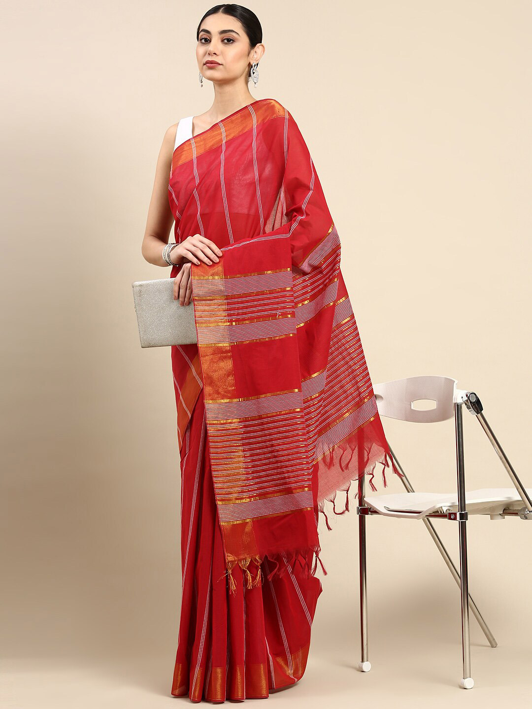 

The Chennai Silks Striped Zari Pure Cotton Kovai Saree, Maroon