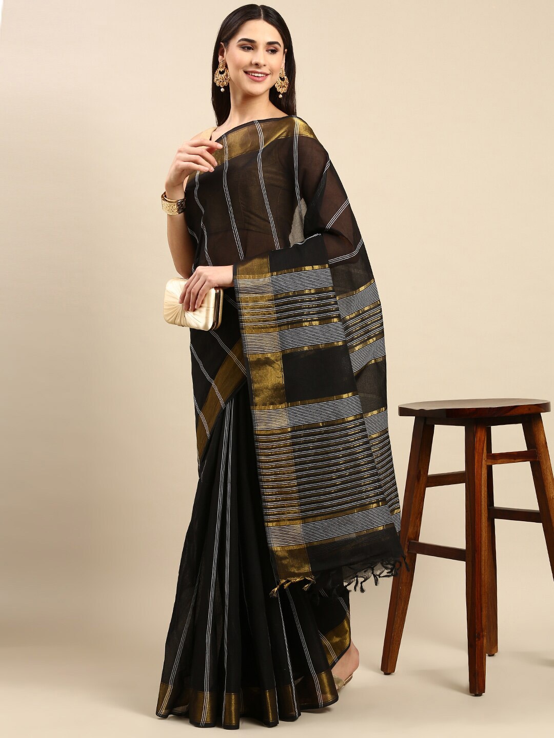 

The Chennai Silks Striped Zari Pure Cotton Fusion Kovai Saree, Black