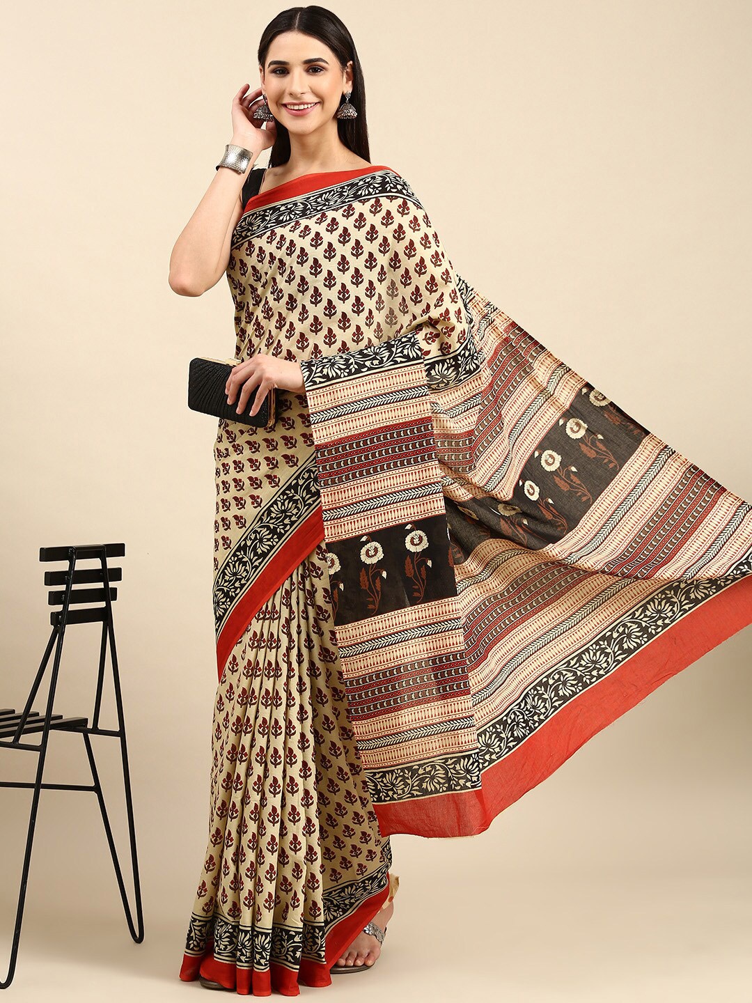 

The Chennai Silks Printed Floral Pure Cotton Fusion Saree, Beige