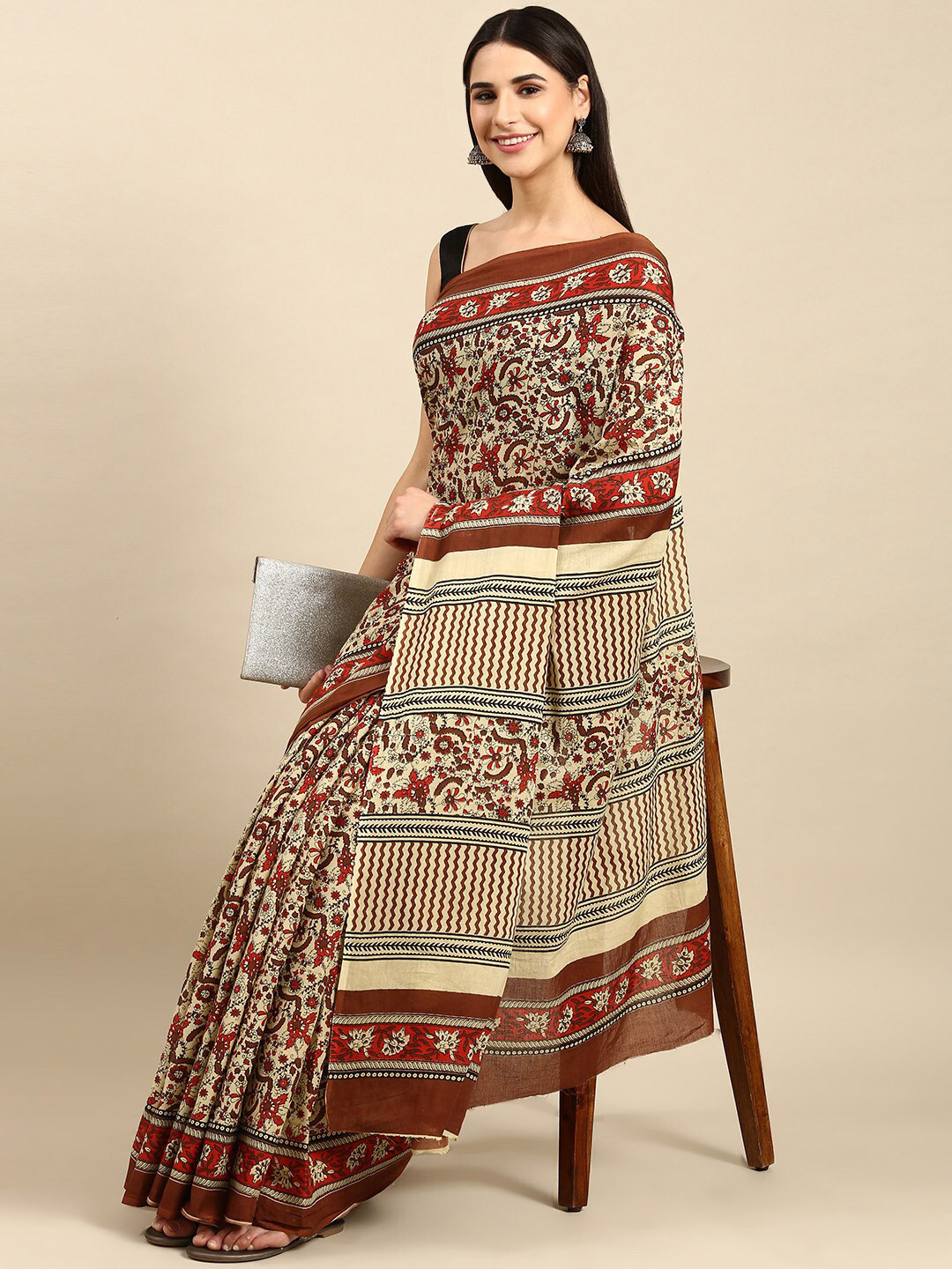 

The Chennai Silks Printed Floral Pure Cotton Fusion Saree, Beige