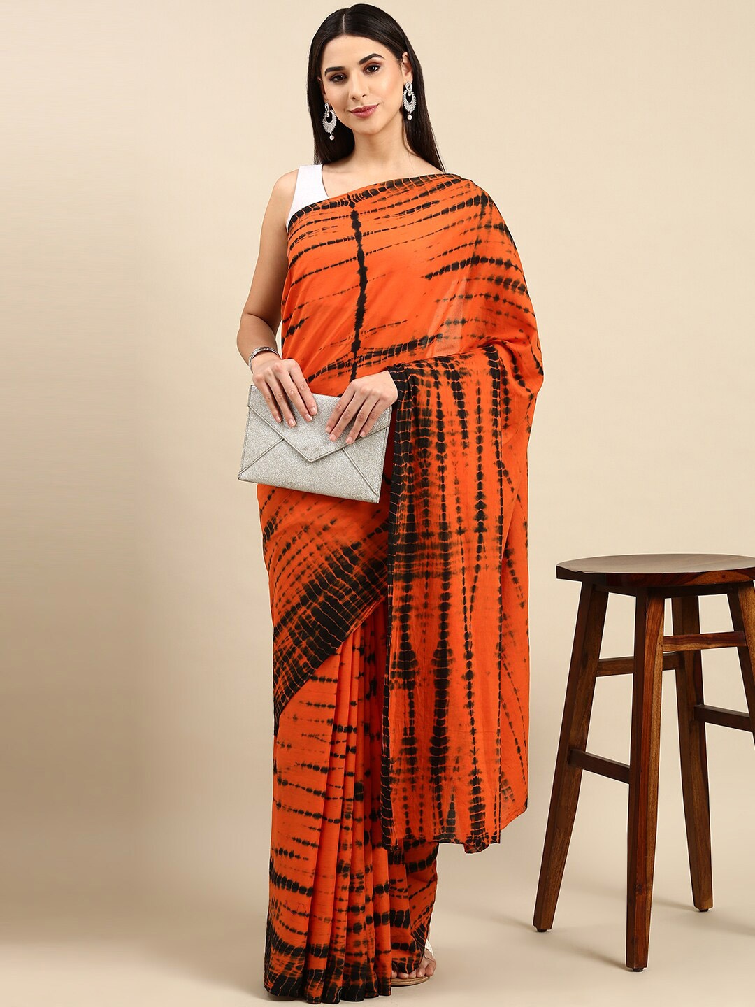 

The Chennai Silks Printed Tie and Dye Pure Cotton Fusion Saree, Orange