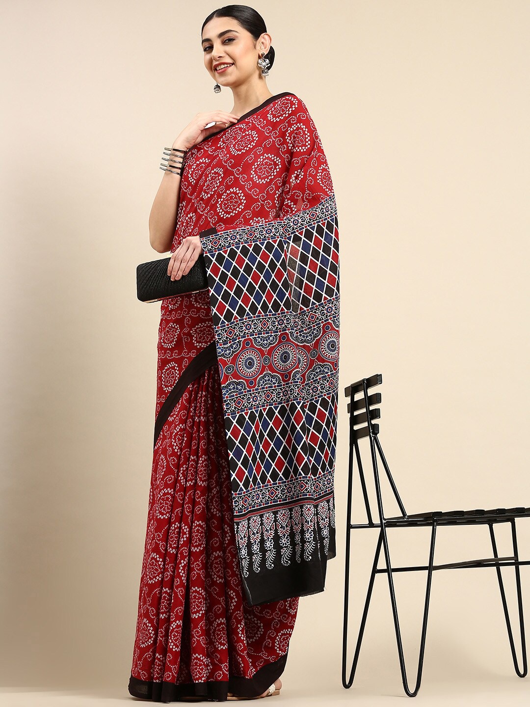 

The Chennai Silks Printed Bandhani Pure Cotton Fusion Saree, Maroon