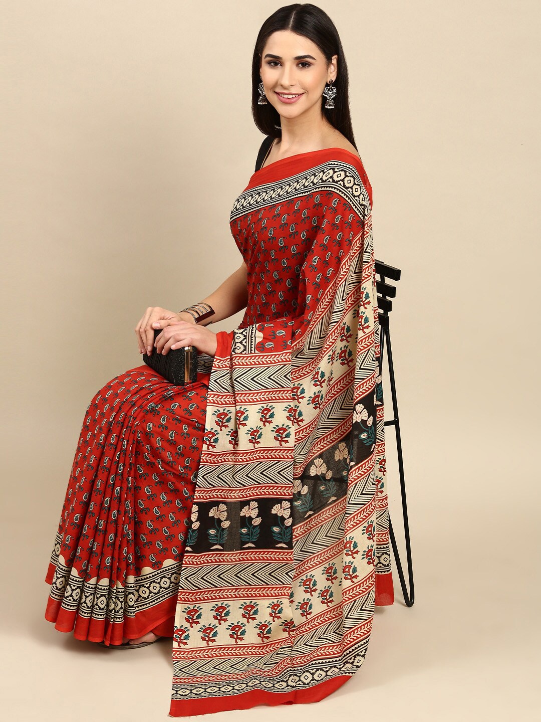 

The Chennai Silks Printed Ethnic Motifs Pure Cotton Fusion Saree, Red