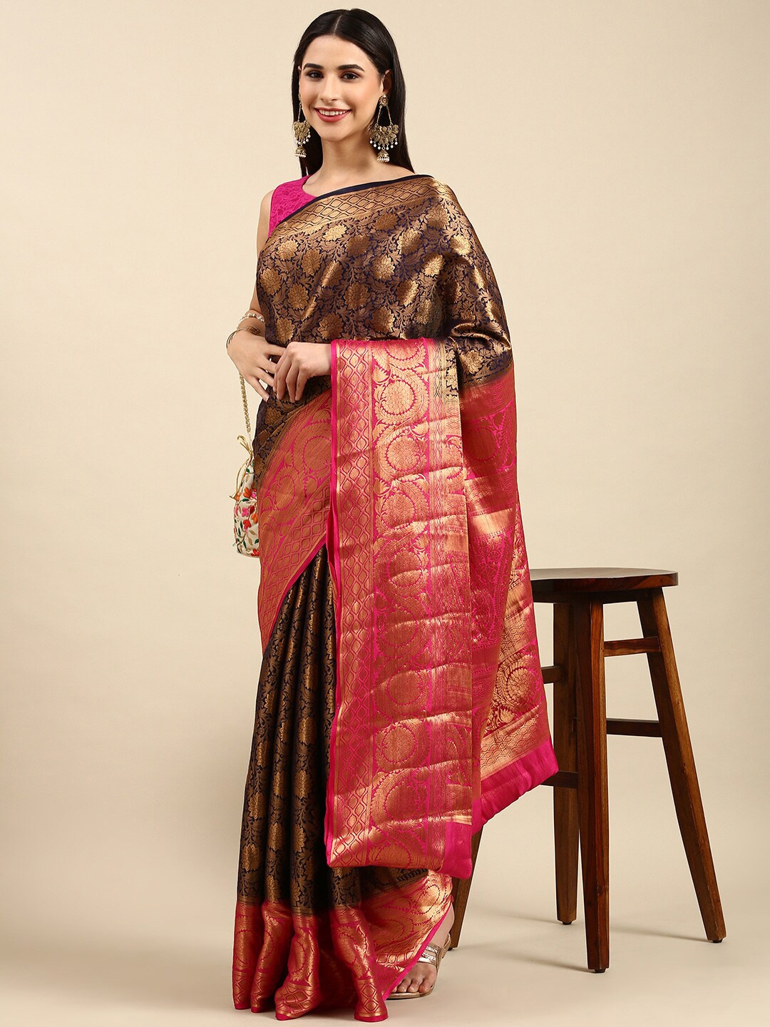 

The Chennai Silks Printed Woven Design Zari Fusion Saree, Navy blue