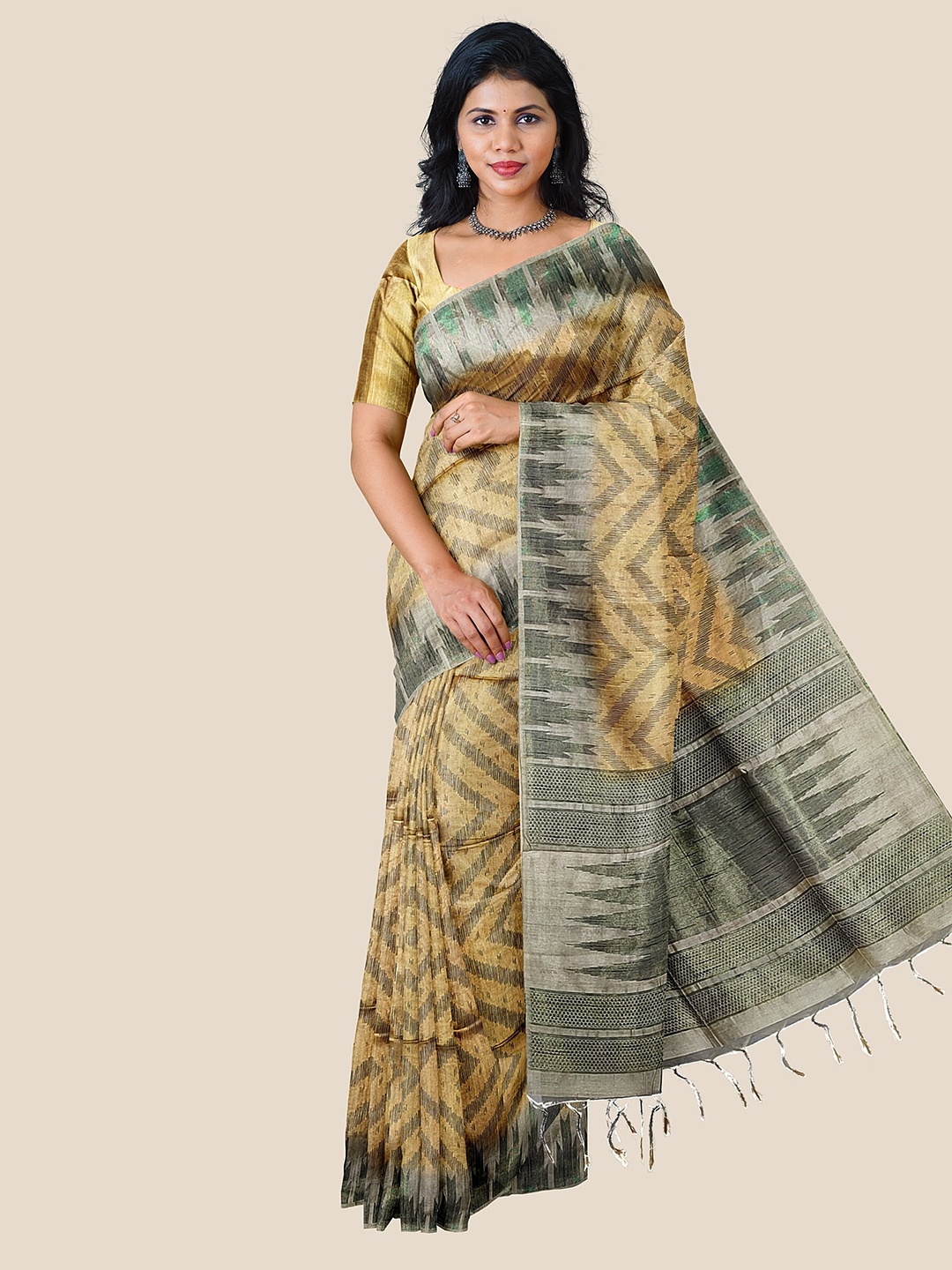 

The Chennai Silks Printed Jute Cotton Fusion Saree, Mustard