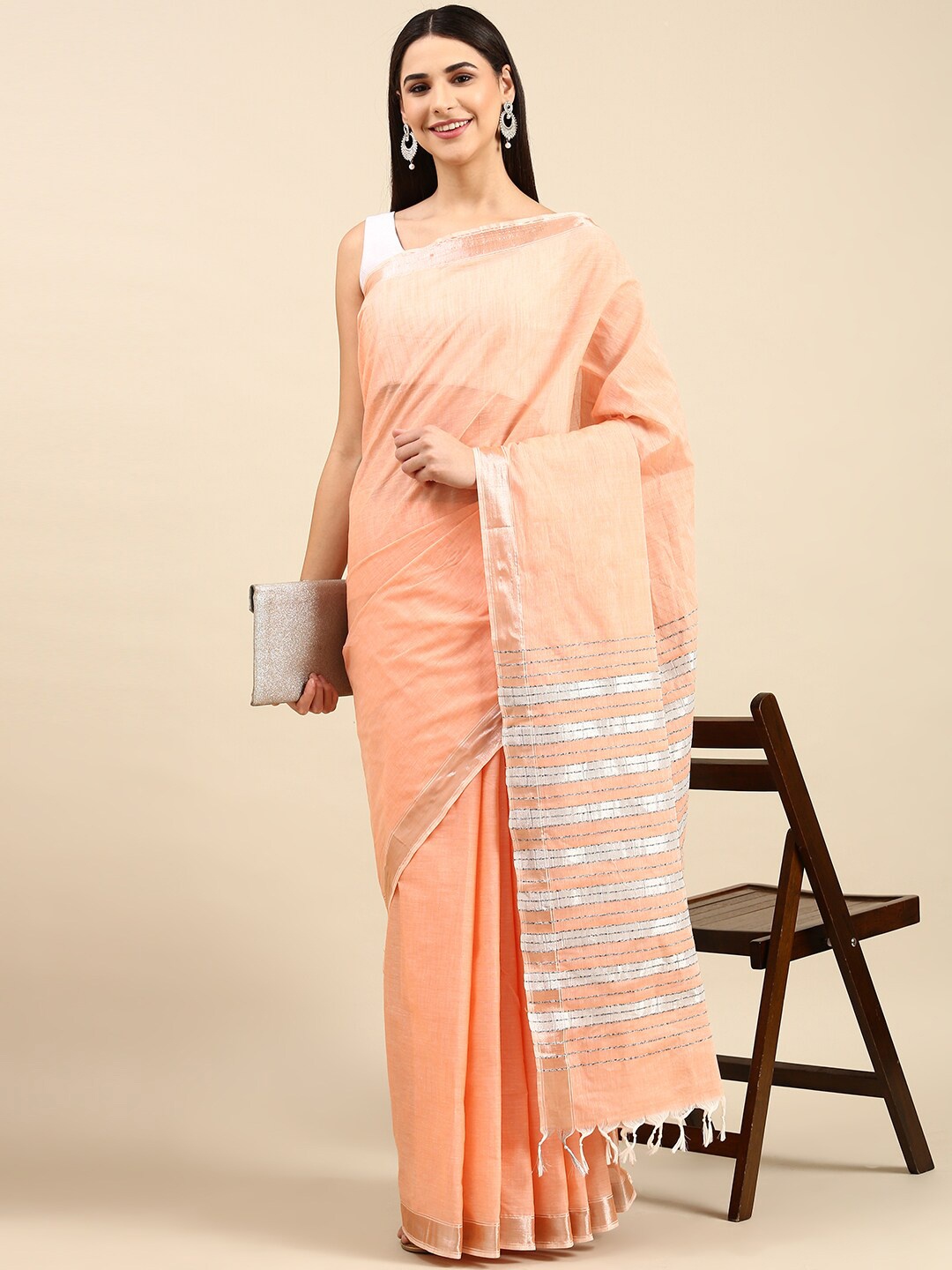 

The Chennai Silks Zari Pure Cotton Fusion Kovai Saree, Orange