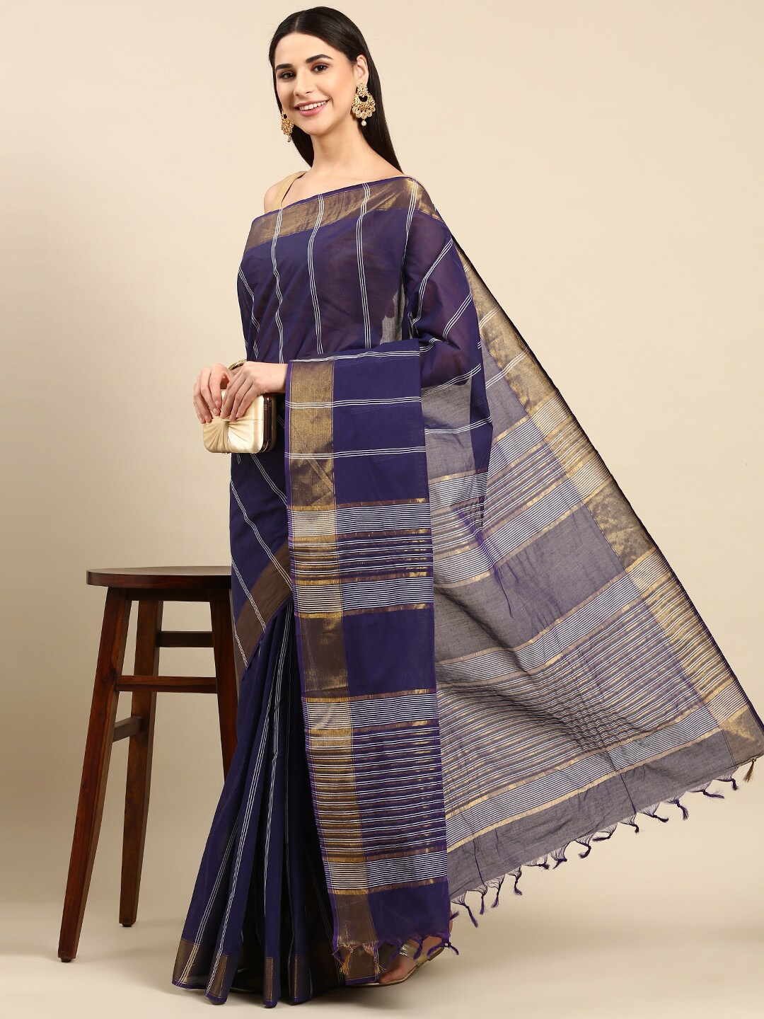

The Chennai Silks Striped Zari Pure Cotton Fusion Kovai Saree, Navy blue