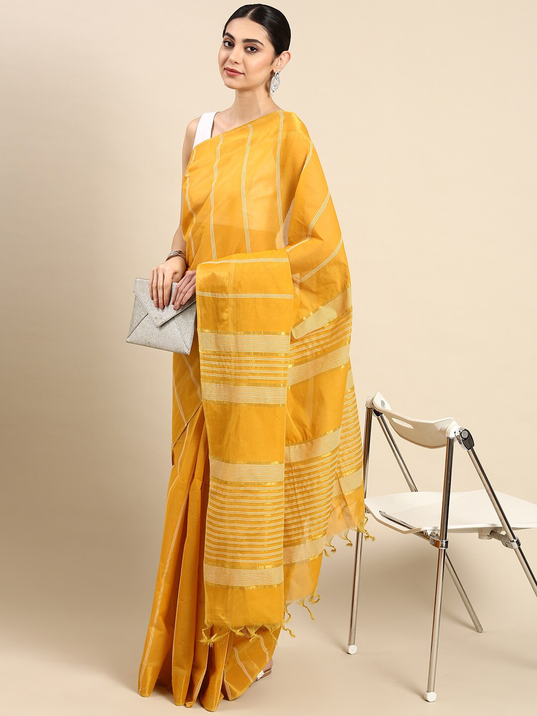 

The Chennai Silks Striped Zari Pure Cotton Fusion Kovai Saree, Mustard