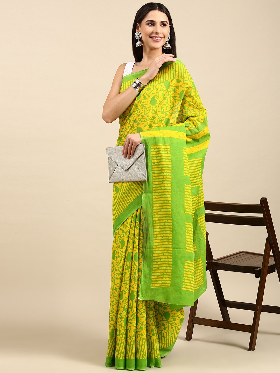 

The Chennai Silks Printed Paisley Pure Cotton Fusion Saree, Green