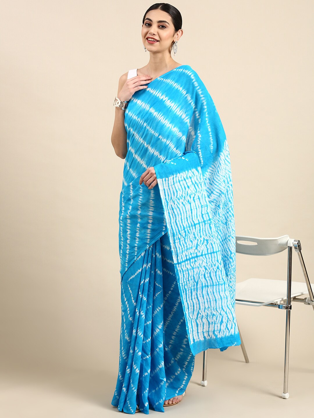 

The Chennai Silks Printed Tie and Dye Pure Cotton Fusion Saree, Blue