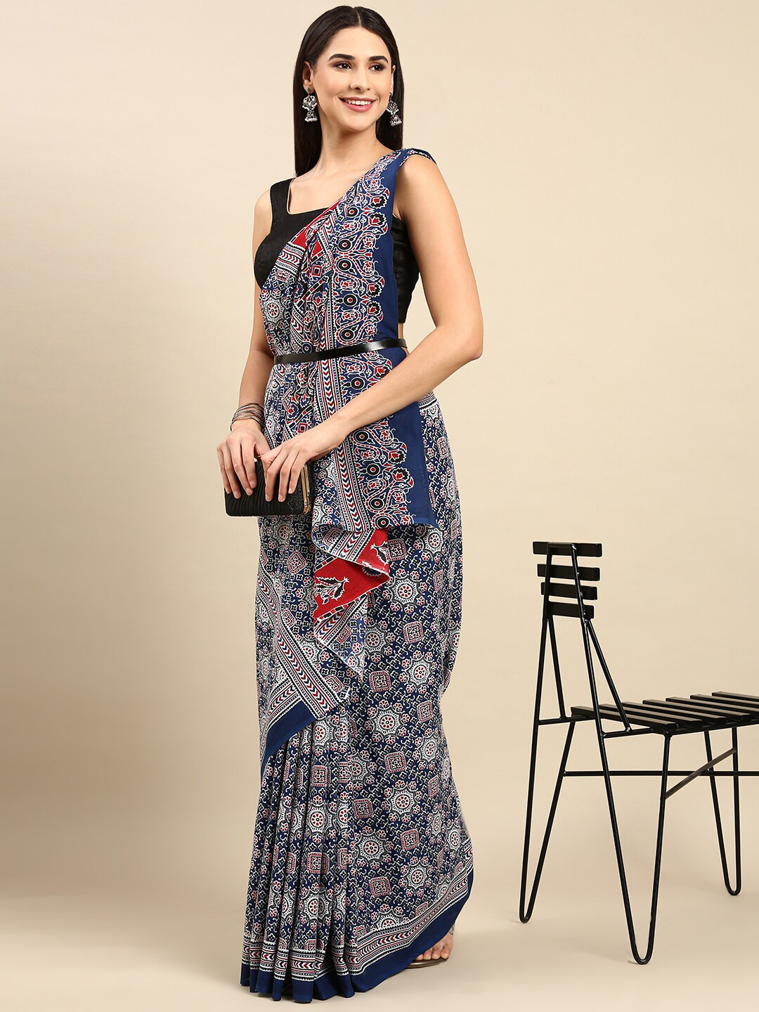 

The Chennai Silks Ethnic Motifs Pure Cotton Fusion Saree, Navy blue