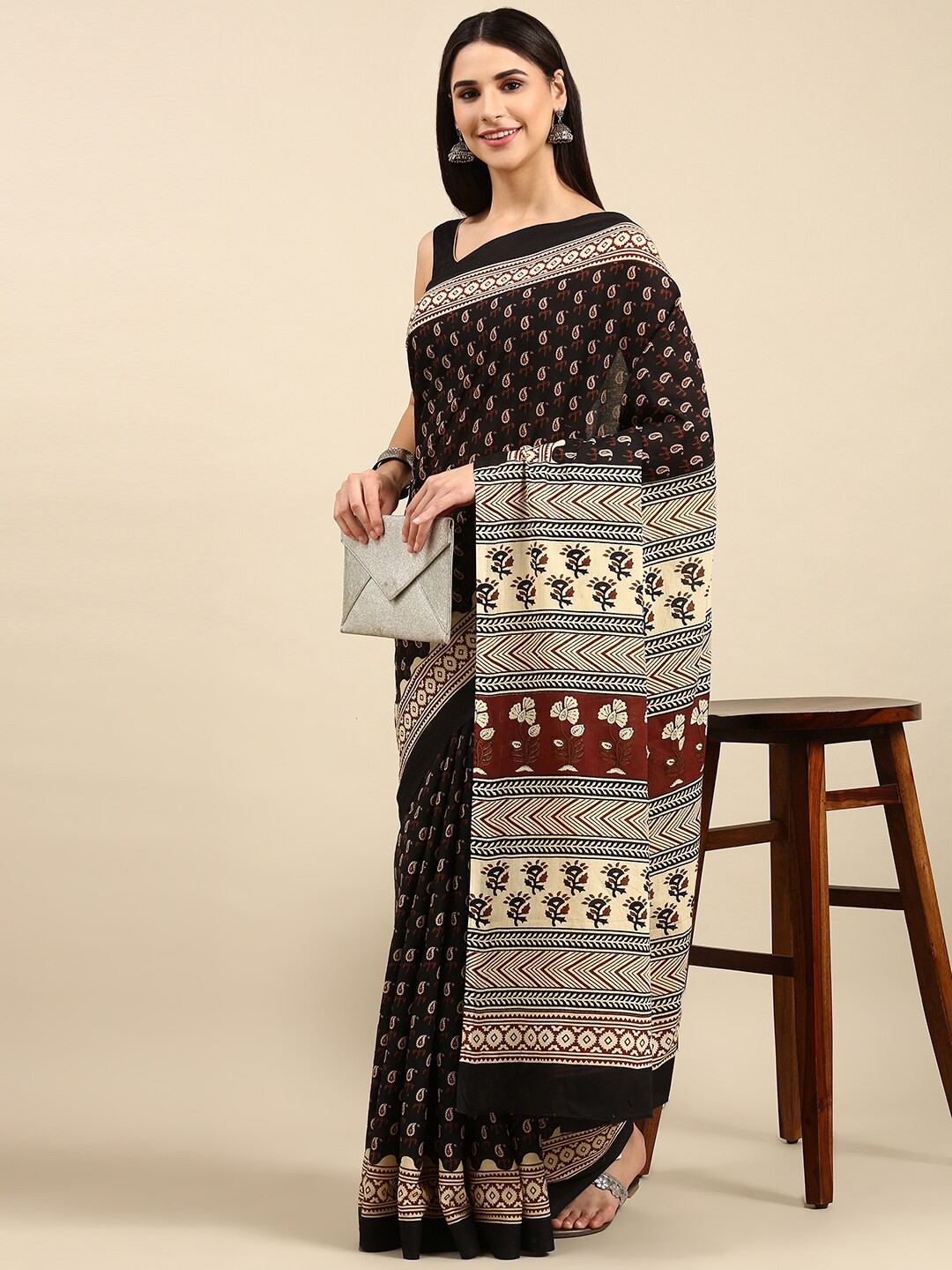 

The Chennai Silks Ethnic Motifs Pure Cotton Fusion Saree, Black