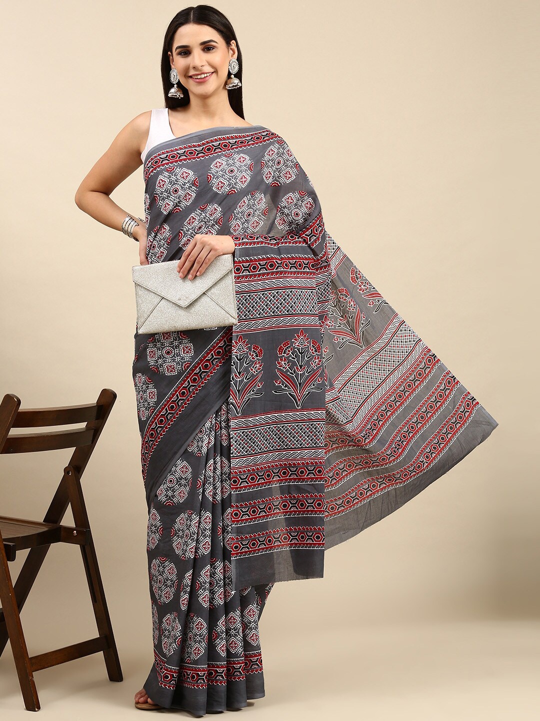 

The Chennai Silks Ethnic Motifs Pure Cotton Fusion Saree, Grey