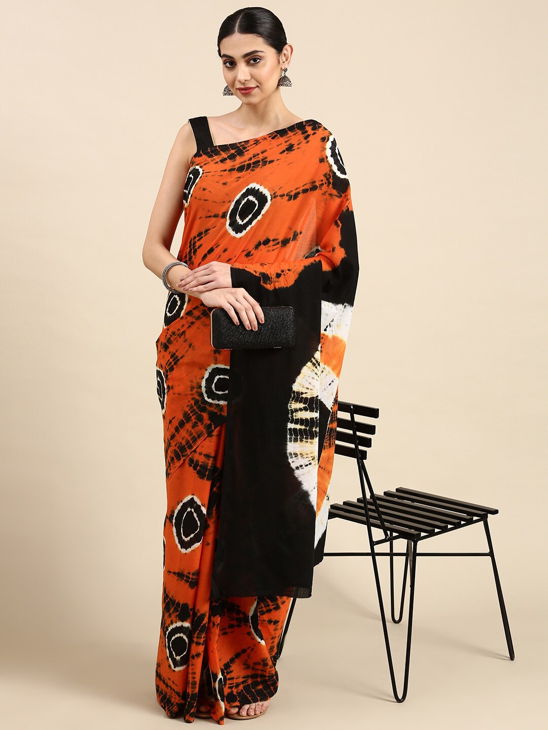

The Chennai Silks Printed Tie and Dye Pure Cotton Fusion Saree, Orange