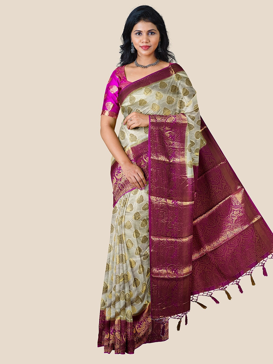 

The Chennai Silks Printed Woven Design Zari Jute Cotton Fusion Saree, Cream