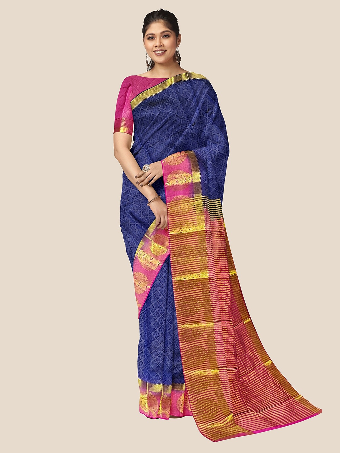 

The Chennai Silks Ethnic Motifs Zari Jute Cotton Saree, Navy blue