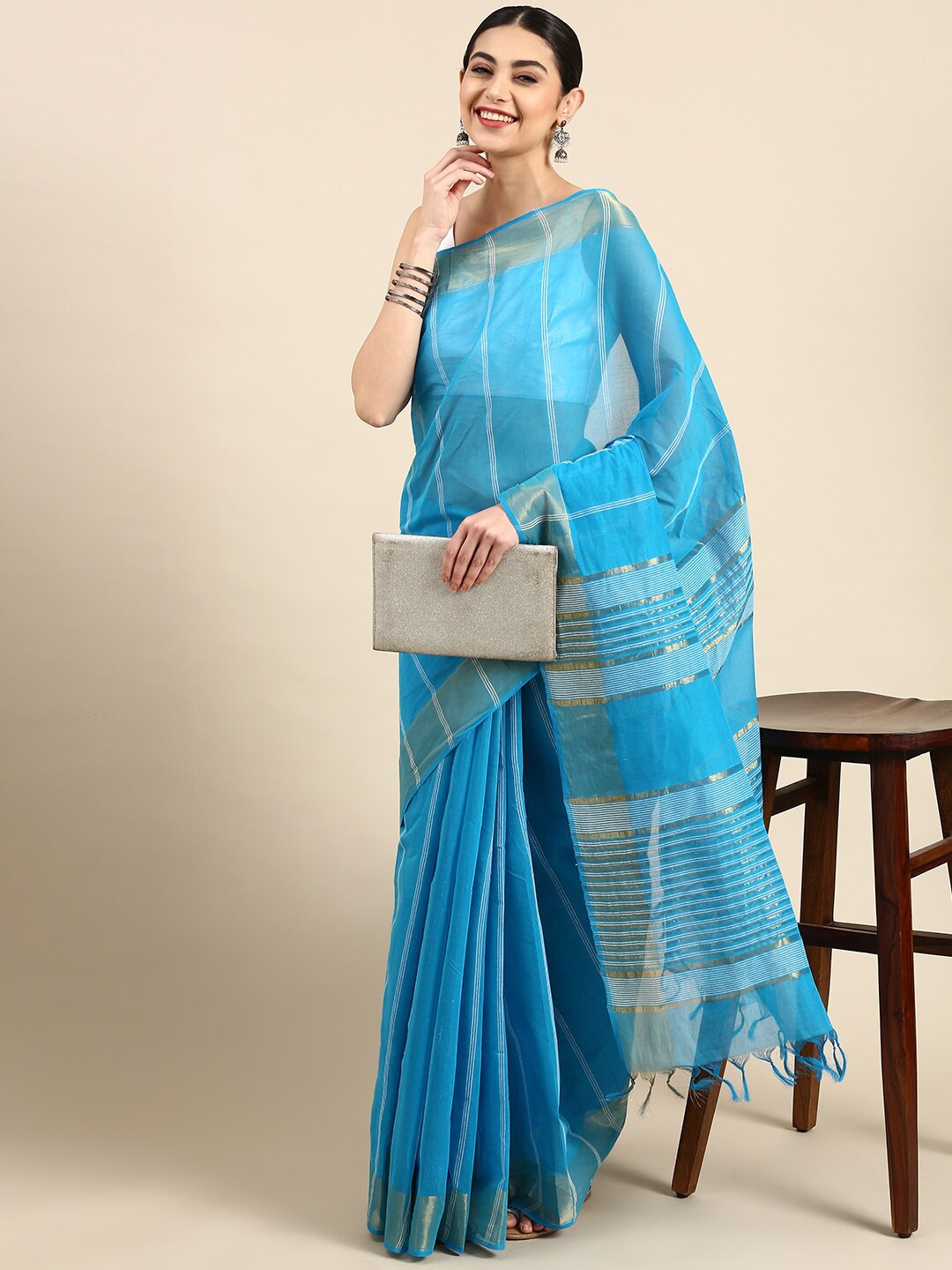 

The Chennai Silks Striped Zari Pure Cotton Fusion Kovai Saree, Blue
