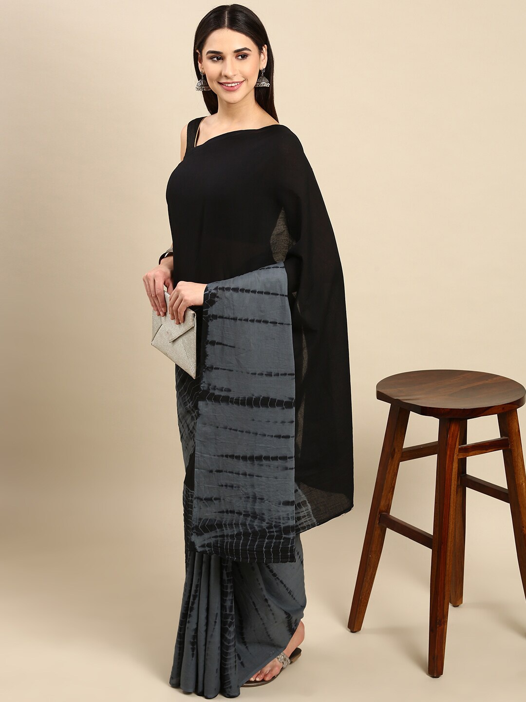 

The Chennai Silks Tie and Dye Pure Cotton Fusion Saree, Black
