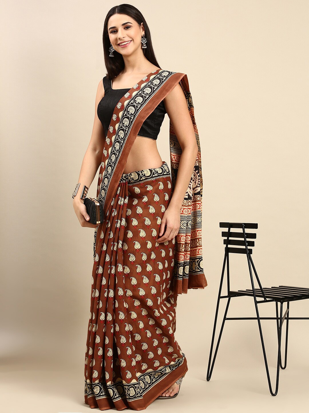 

The Chennai Silks Paisley Pure Cotton Fusion Saree, Brown