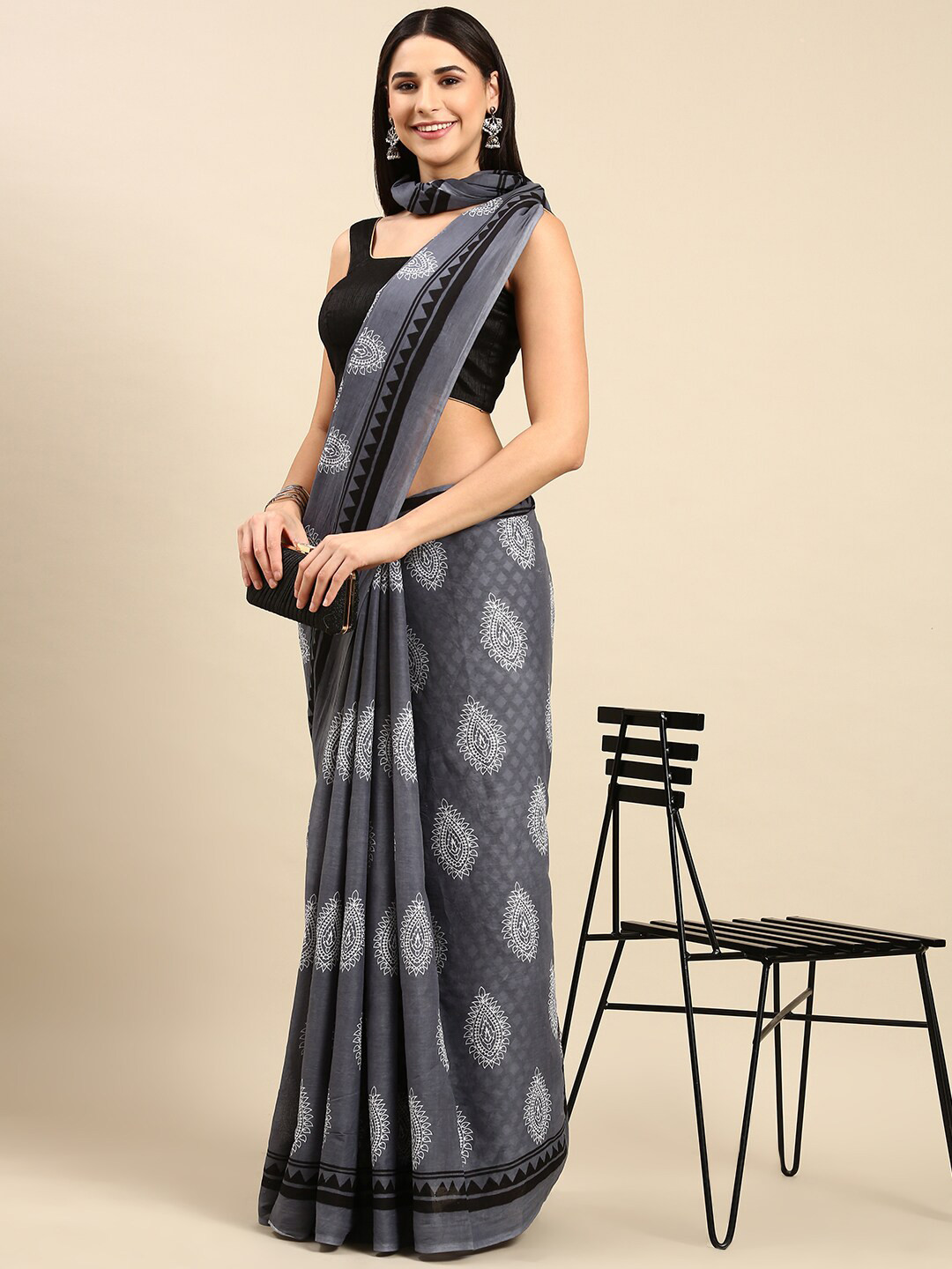 

The Chennai Silks Ethnic Motifs Pure Cotton Fusion Saree, Grey