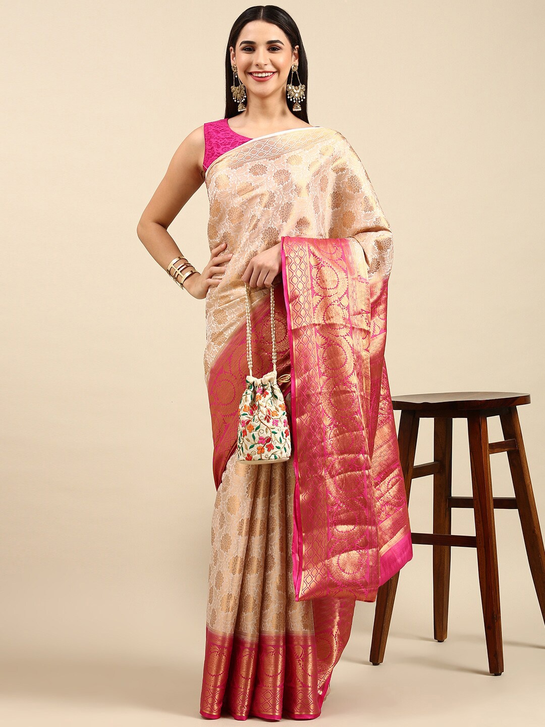 

The Chennai Silks Woven Design Zari Fusion Saree, Cream