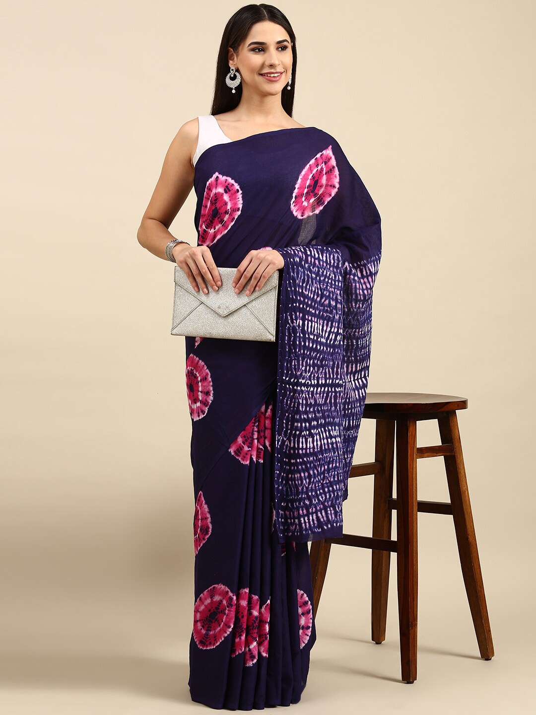 

The Chennai Silks Tie and Dye Pure Cotton Fusion Saree, Navy blue
