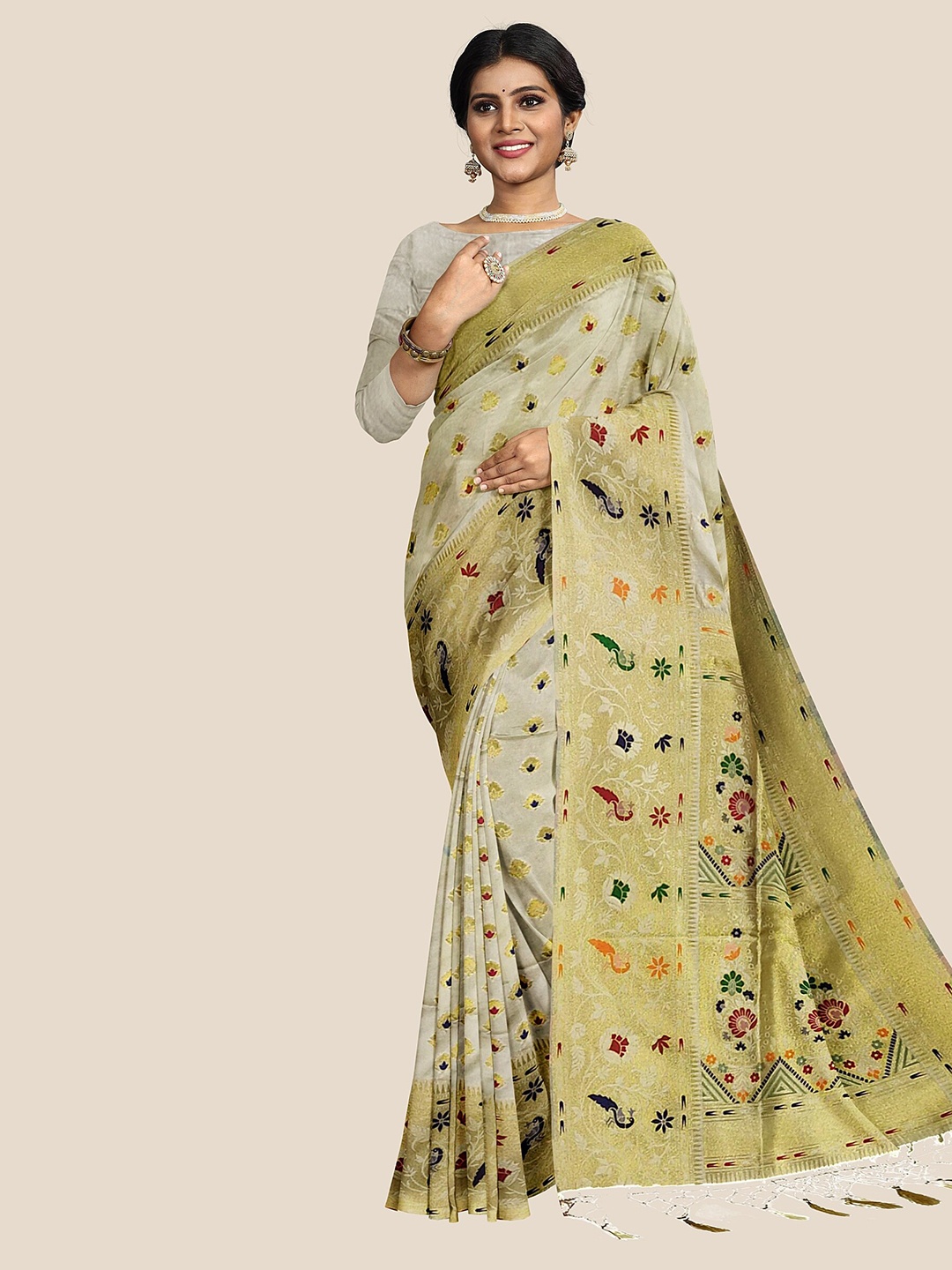 

The Chennai Silks Ethnic Motifs Zari Jute Cotton Fusion Saree, Cream