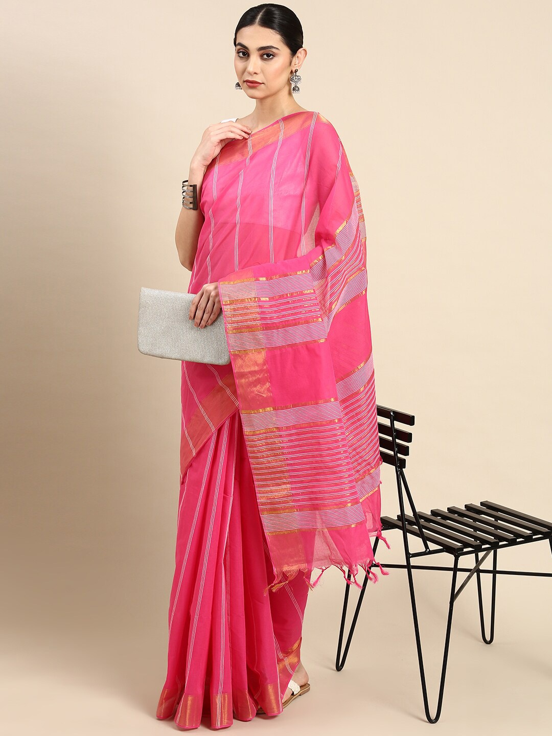 

The Chennai Silks Striped Zari Pure Cotton Fusion Kovai Saree, Pink