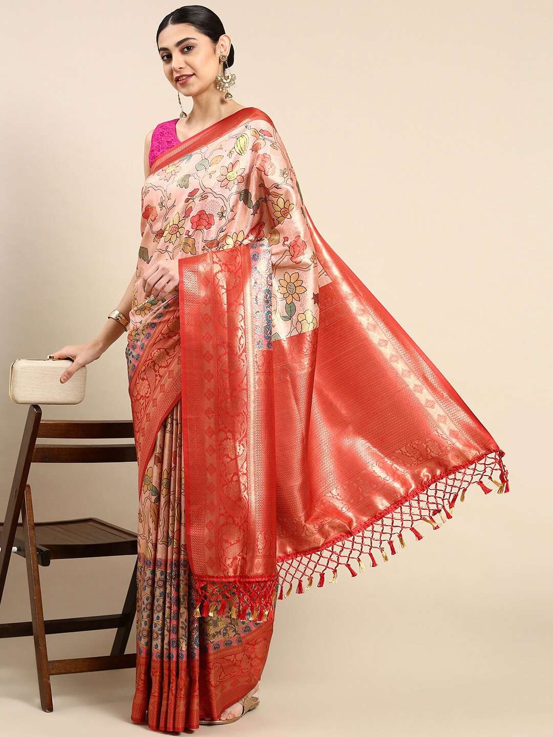 

The Chennai Silks Floral Zari Art Silk Fusion Banarasi Saree, Pink