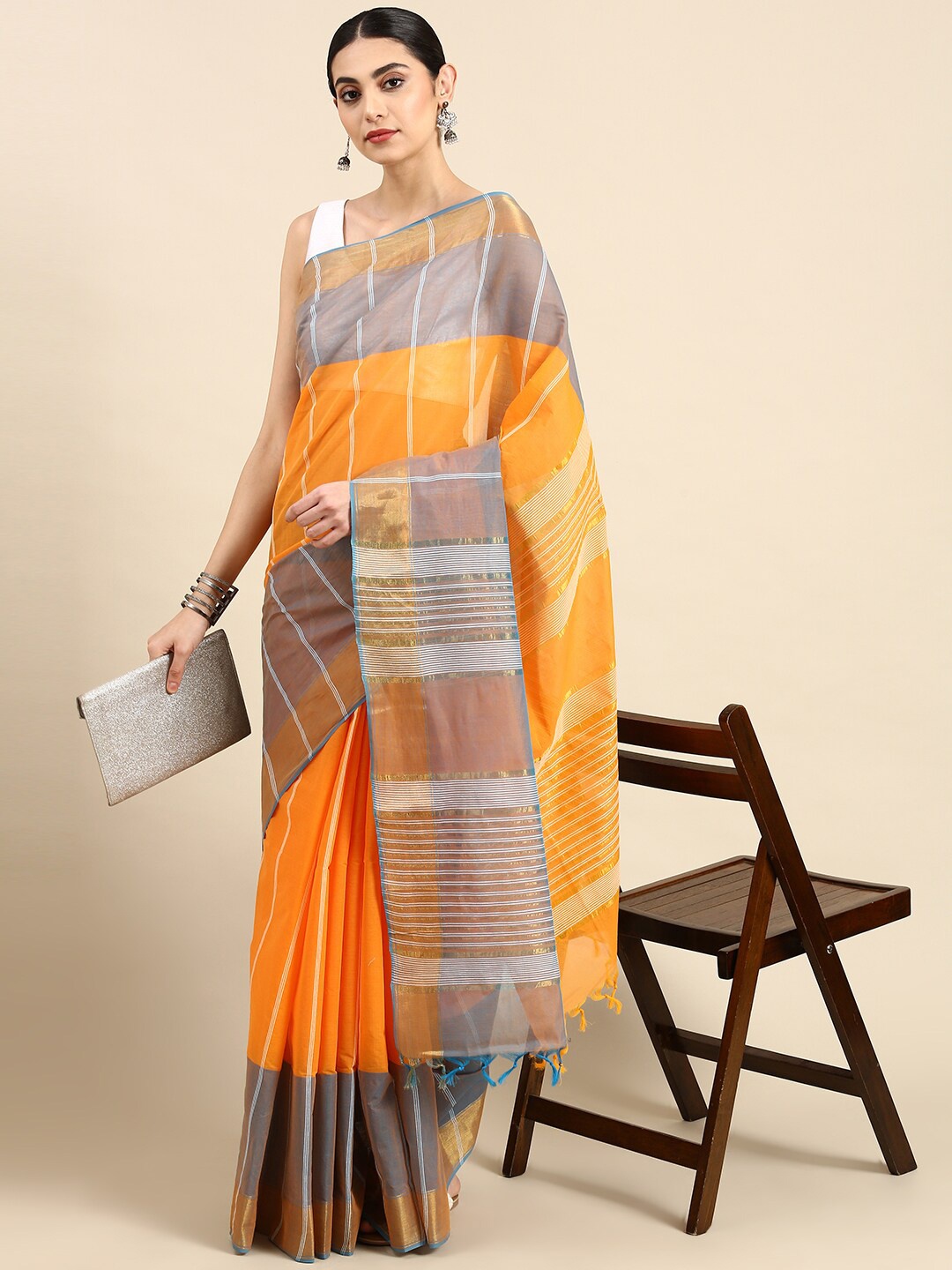 

The Chennai Silks Striped Zari Pure Cotton Fusion Kovai Saree, Orange