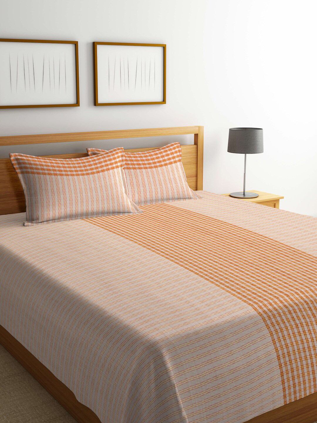 

KLOTTHE Orange and Beige Woven Design Double King 350 TC Cotton Bedsheet & 2 Pillow Covers
