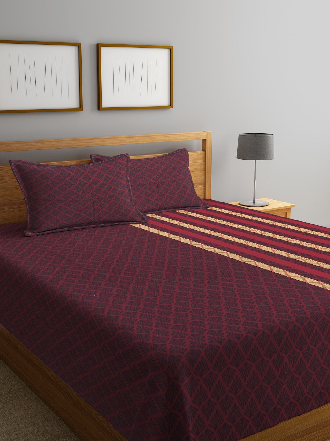 

KLOTTHE Maroon Woven Design 350 TC Pure Cotton Double King Bed Cover With 2 Pillow Covers